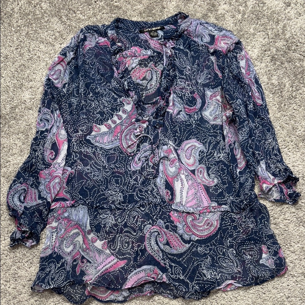 Lucky Brand Womens 100% Silk Paisley Ruffle Tie‎ Neck Peasant Blouse Navy Pink S